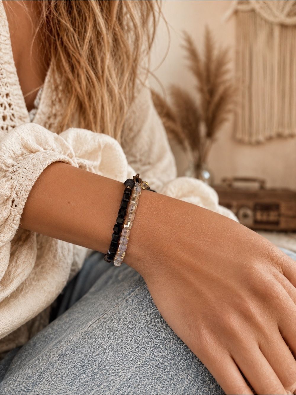 Stacked Black & Clear Beaded Bracelets - Adjustable. Boho Chic Aesthetic